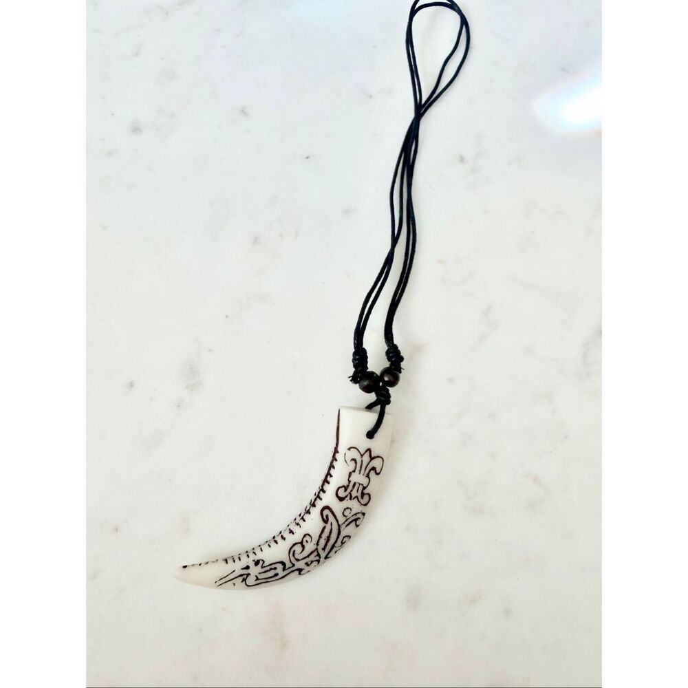 Tribal Carved Faux Tusk Pendant Necklace Adjustable Cord Boho Surfer Style